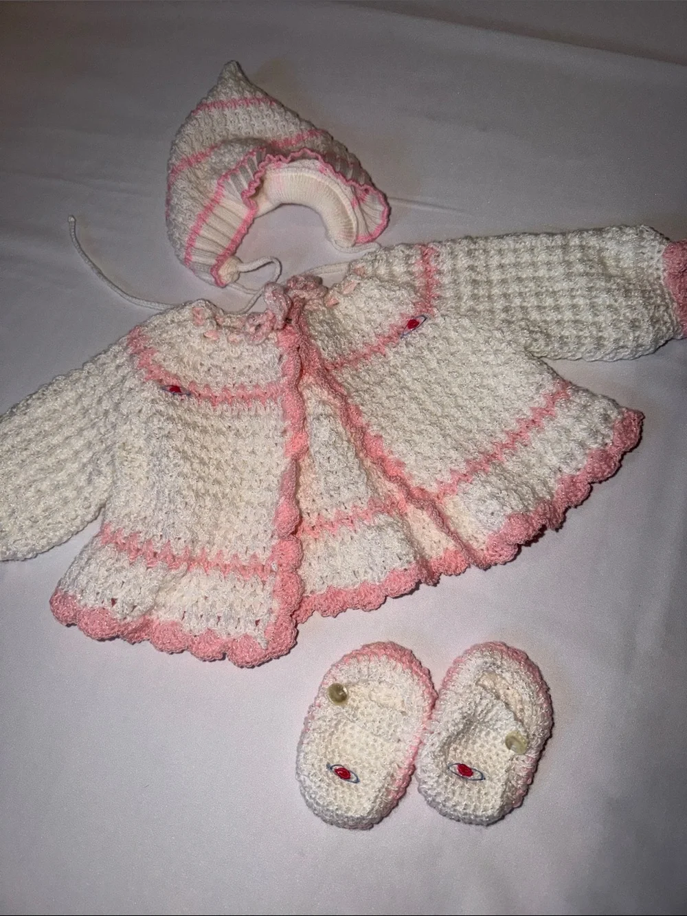 Hand Crocheted Baby Infant Girl Sweater & Shoes & Bonnet Newborn Gift